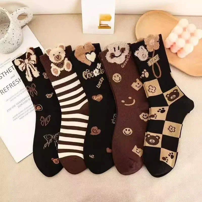Autumn Winter New Comfortable Soft Women Medium Socks Thickened Versatile Forest Style Lady Feather Yarn Socks 5pcs Set