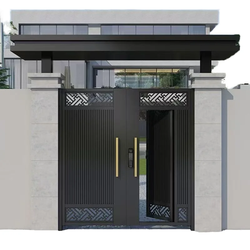 Outdoor Modern Entrance Security Main Gate Aluminum Automatic Swing Gate 3D Modeling Customizable Dimensions for House/Villa