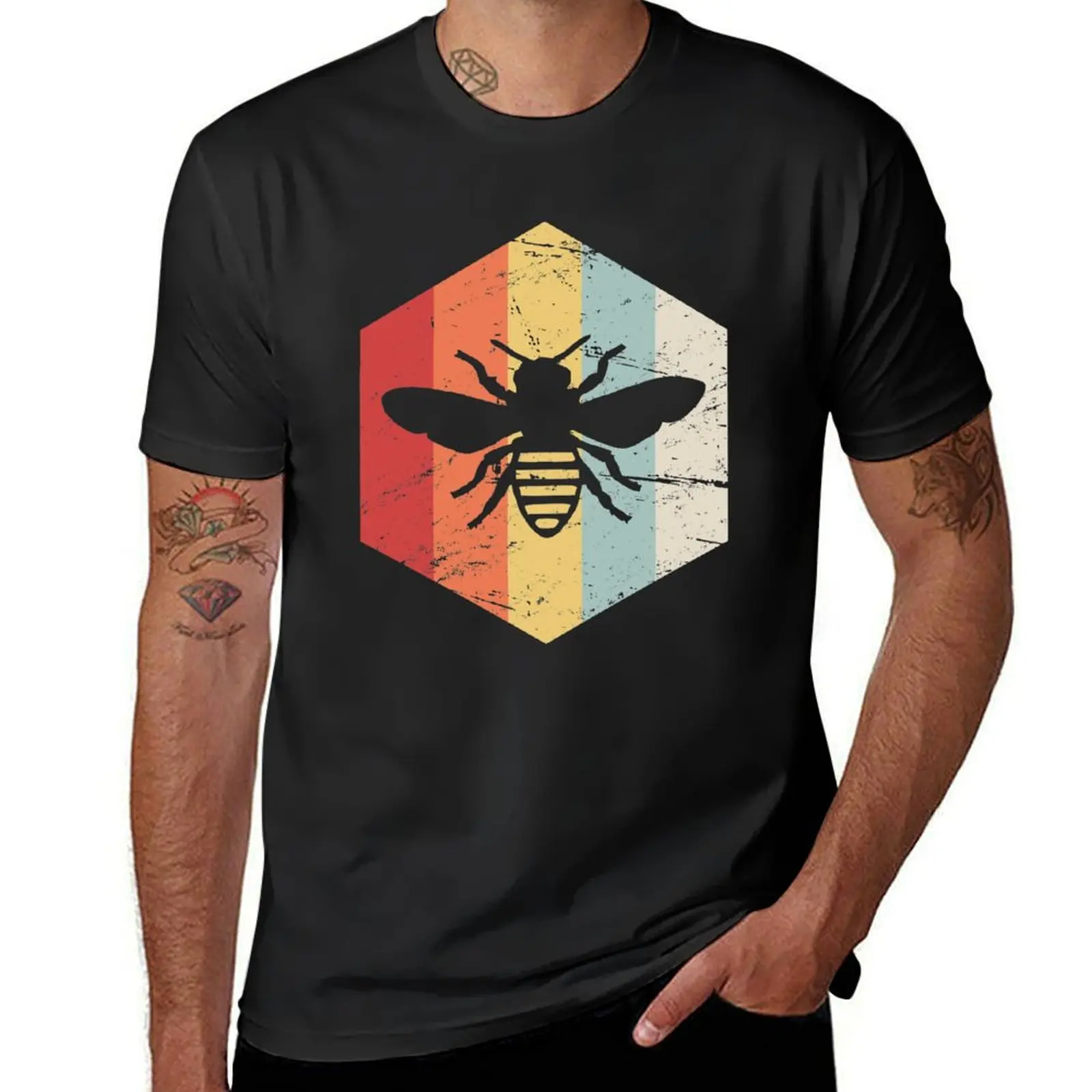 Retro 70s Beekeeper Bee Hexagon T-Shirt summer top graphics blacks t shirts for men