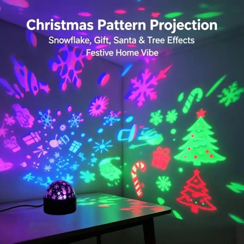 Christmas Projector Light 7 Colors Rotating LED Snowflake Santa Pattern USB Xmas Home Party Decor Lamp