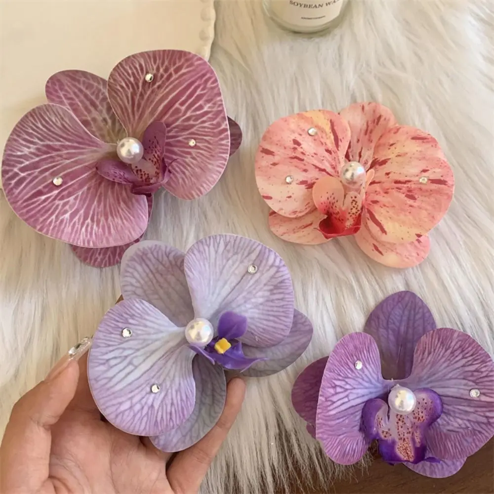 Cloth Flower Hair Clip Butterfly Orchid Pearl Orchid Flower Hairpin Seaside Vacation Headwear Korean Style Girl Hair Clip