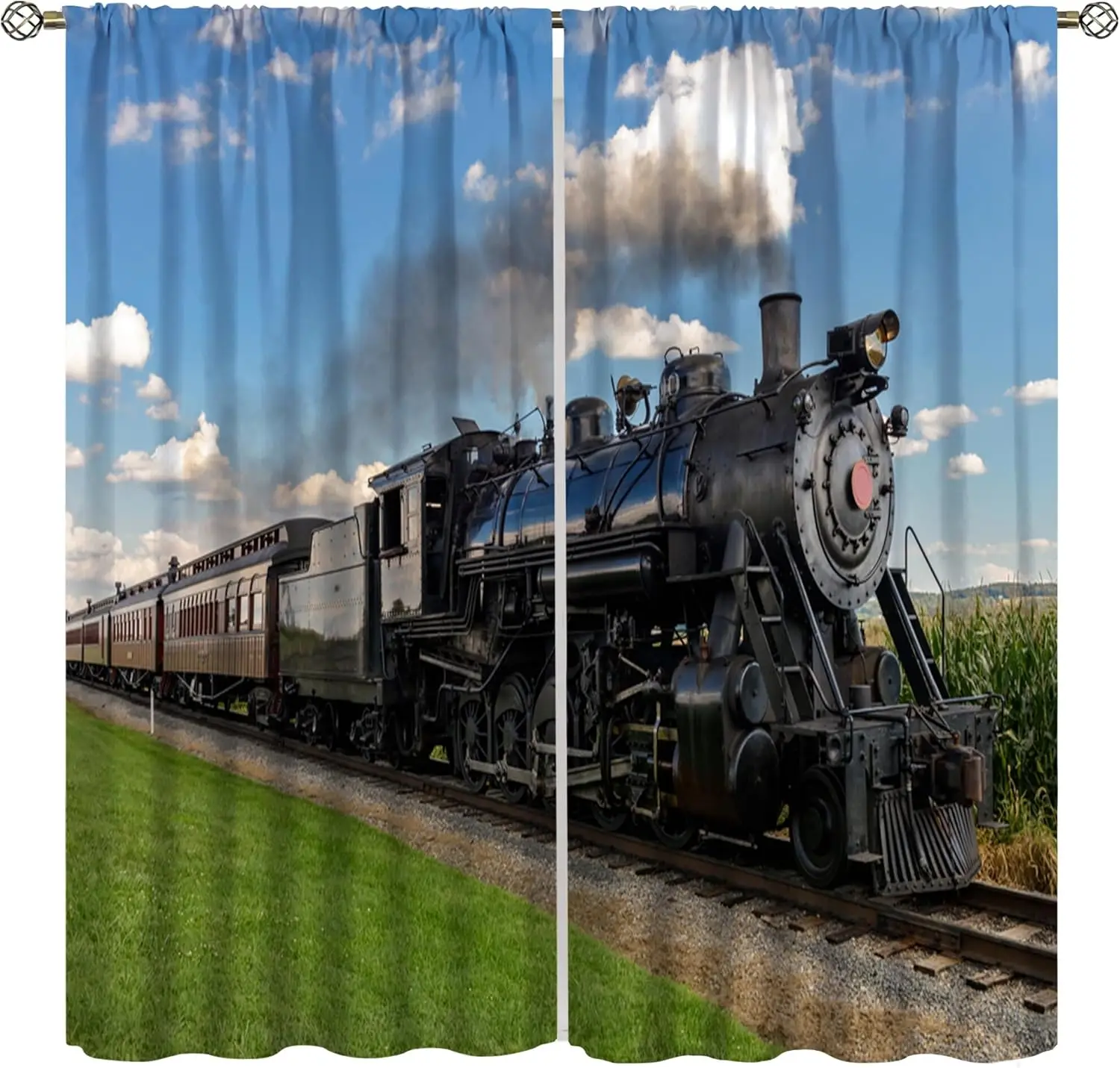 Steam Engine Blackout Curtains,3D Vintage Steam Old Train Through Country Field Scenery Print Rod Pocket Window Treatments