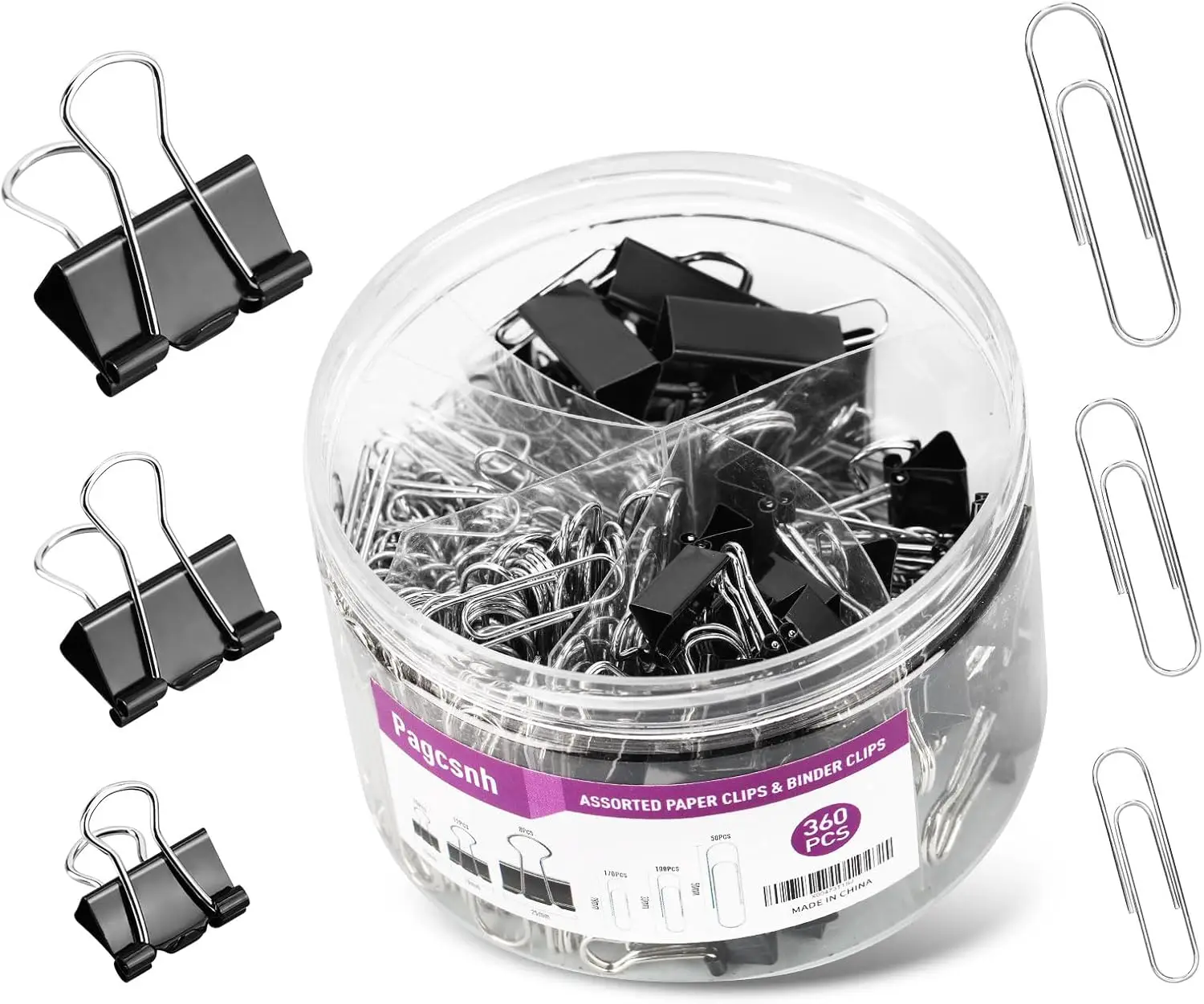 

360 Assorted Paper & Binder Clips, Silver & Black, with Container, Office School Supplies