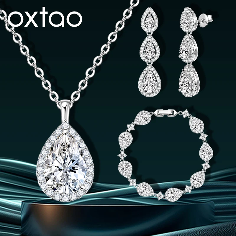 OXTAO Moissanite Teardrop Halo Pendant Necklace Bracelet Earrings Female Wedding Jewelry Set 14K Gold Filled D VVS1 Moissanite