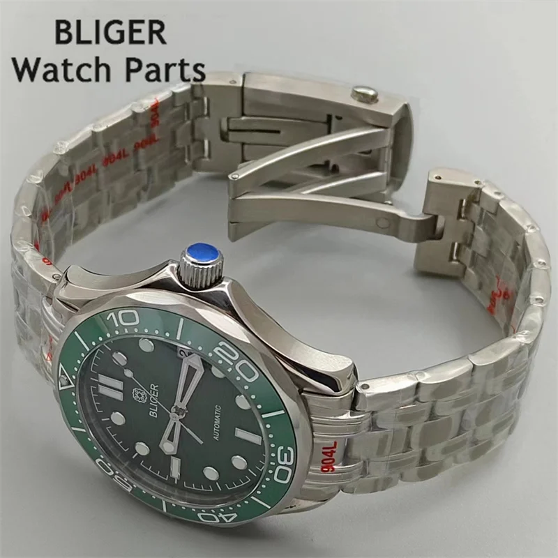 Bliger 41mm automatische mechanische Herren uhr grünes Zifferblatt Keramik Lünette leuchtend 10atm wasserdichte mechanische Armbanduhr 3 Uhr