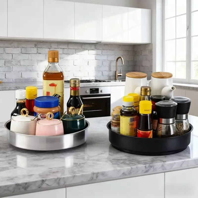 360 Degree Rotating Round Stainless Steel Tray Seasoning Storage Organizer for Kitchen Cabinet Countertop Bathroom