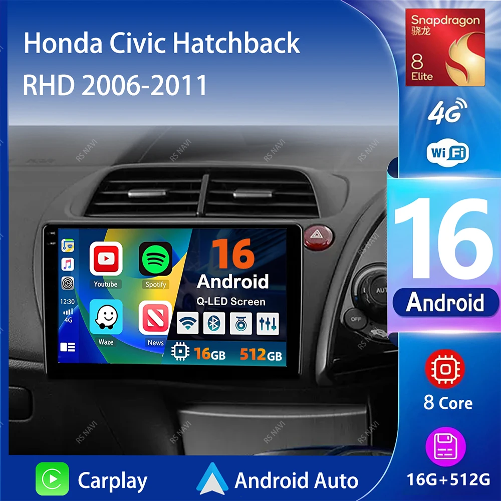 Android 16 Carplay Auto 2K Screen Car Radio Multimedia Player For Honda Civic Hatchback 2006-2011 RHD Autoradio Stereo Head Unit