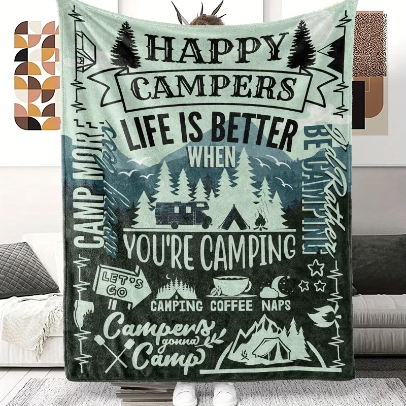 Happy Campers Flanell-Überwurfdecke, Camping-Thema, Geschenk für Ihn, ihr perfekt für Büro, Nickerchen, Outdoor-Einsatz, vielseitig einsetzbar