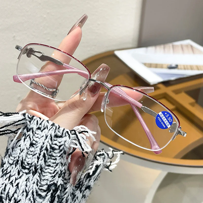 0~+4,0 Elegante Damen-Lesebrille, blaues Licht blockierende Presbyopie-Brille, elliptischer Rahmen, weitsichtige Brille