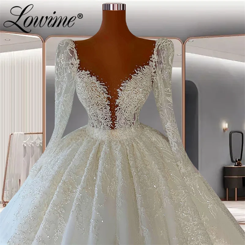 Lowime Muslim White Puff Sleeve Wedding Dresses 2023 Long Beaded Sweetheart A-Line Arabic Bridal Gowns Custom Made Bride Dresses