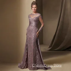 Lace Mermaid Evening Dress with Detachable Skirt Customized Round Neck Illusion Long Sleeves Sequined Applique Prom Gown