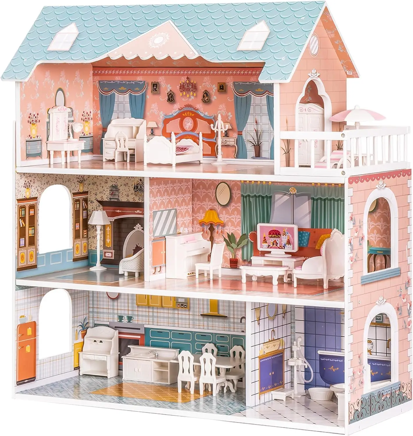 

Wooden Dollhouse for Kids Girls, Toy Gift for 3 4 5 6 Years Old, 3 Storeys 5 Rooms with Furniture