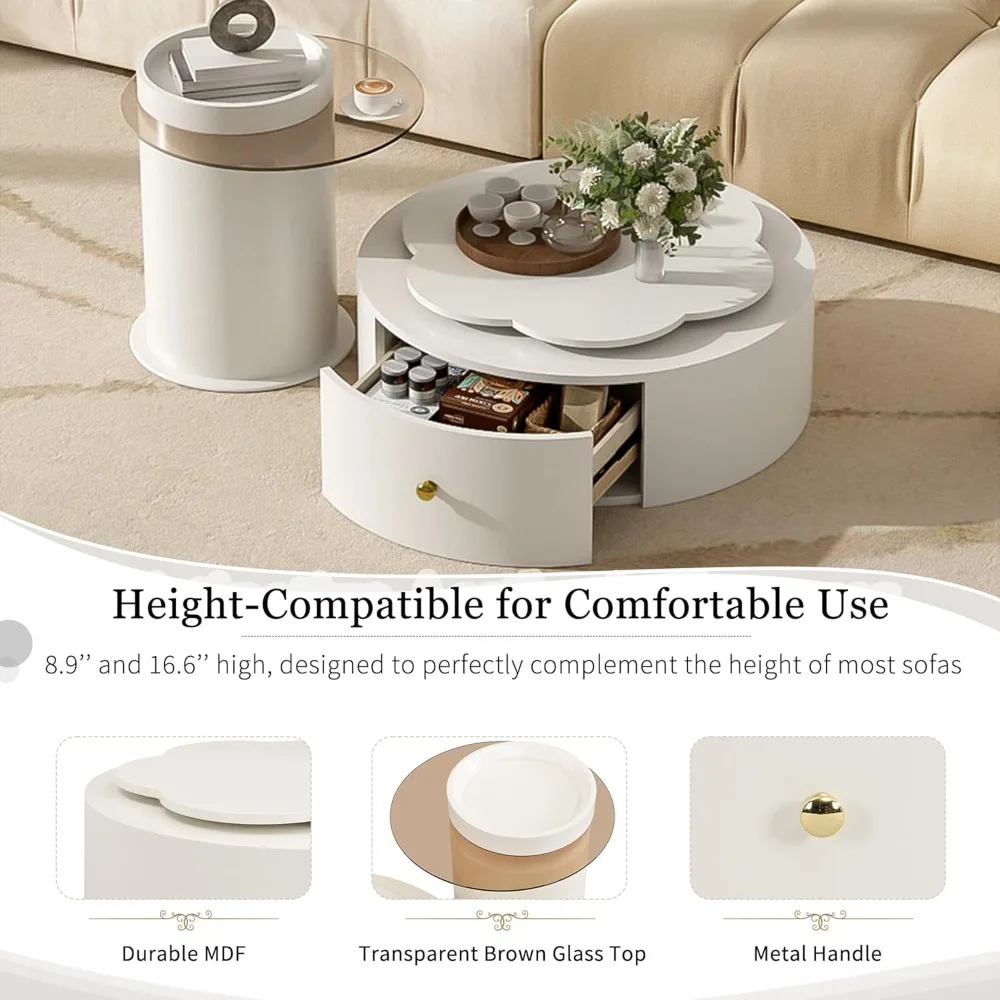 Modern Round Coffee Tables Set with Glass Top, 2 Drawers, 360-Degree Rotatable Living Room Center Tables