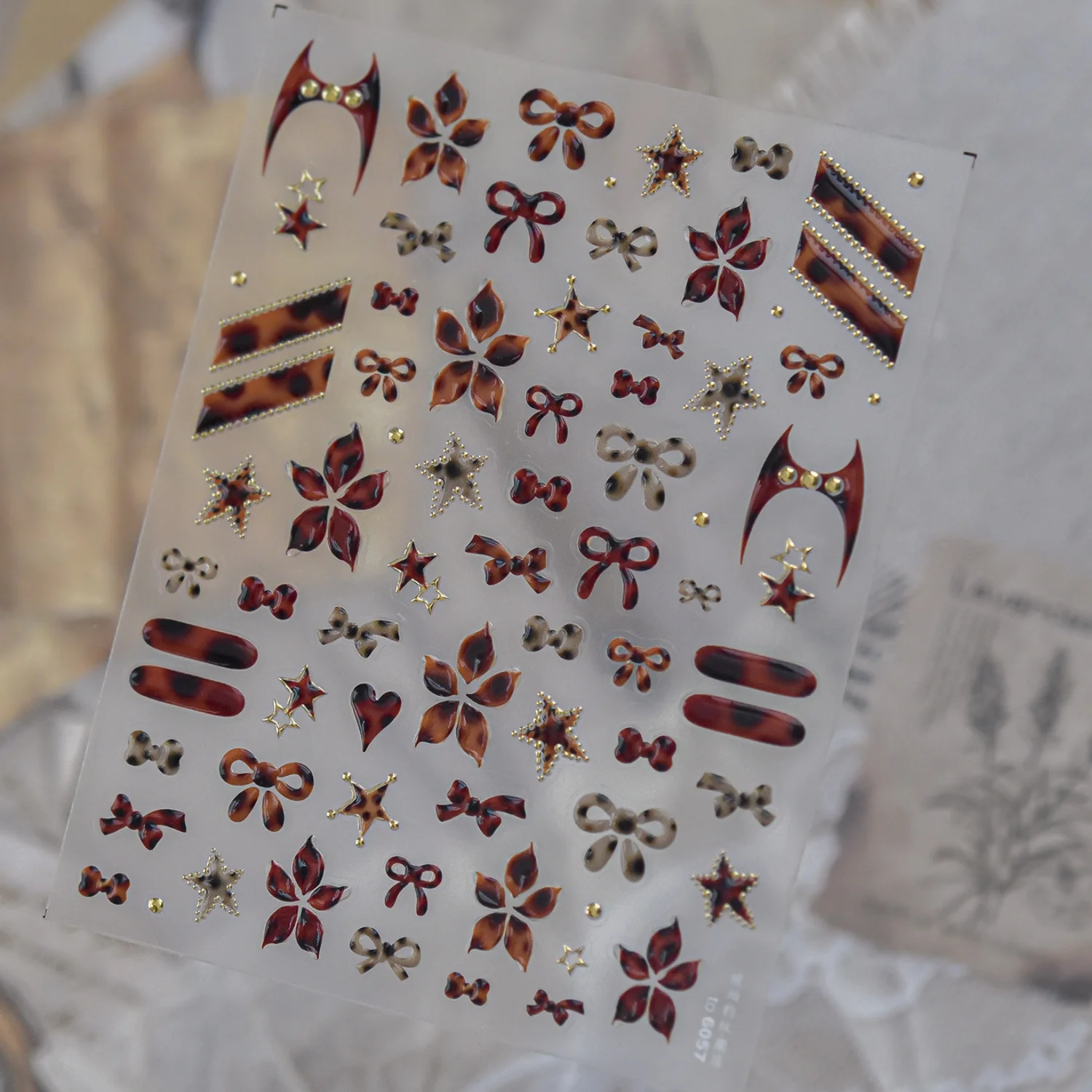 5D Vintage Gothic Nail Decals Tortoiseshell Amber Bow Flower Star Bat Devil Horn Long Strip Gold Dot Rivet Nail Stickers DIY