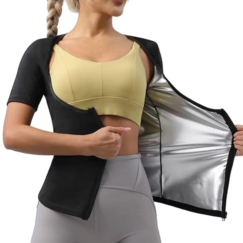 

MrifDila Open Bust Saunasuit Short Sleeve Sweating Workout Jackets Women Body Shaper Waist Trainer Top Zip Up Hot Sweating Shirt