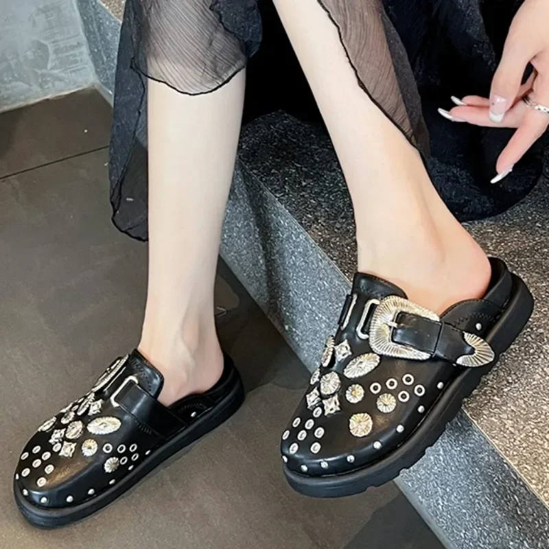 2024  Summer Women Slippers Platform Rivets Punk Rock Leather Mules Creative Metal Fittings Casual Party Shoes Female Outdoor