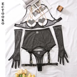 ECTOOKO Internet Celebrity Sexy Underwear Open Chest Love Chain Sexy Perspective Mesh Five-piece Set for Women