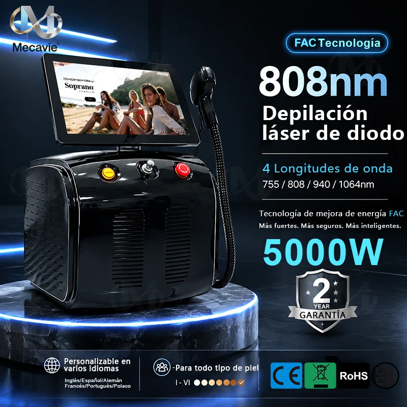Mecavie 5000W Diode Hair Reduction Device with Four-Wavelength Ice-Cool Handle 0-5℃ Multi-Language System for Esthetic Salon Spa