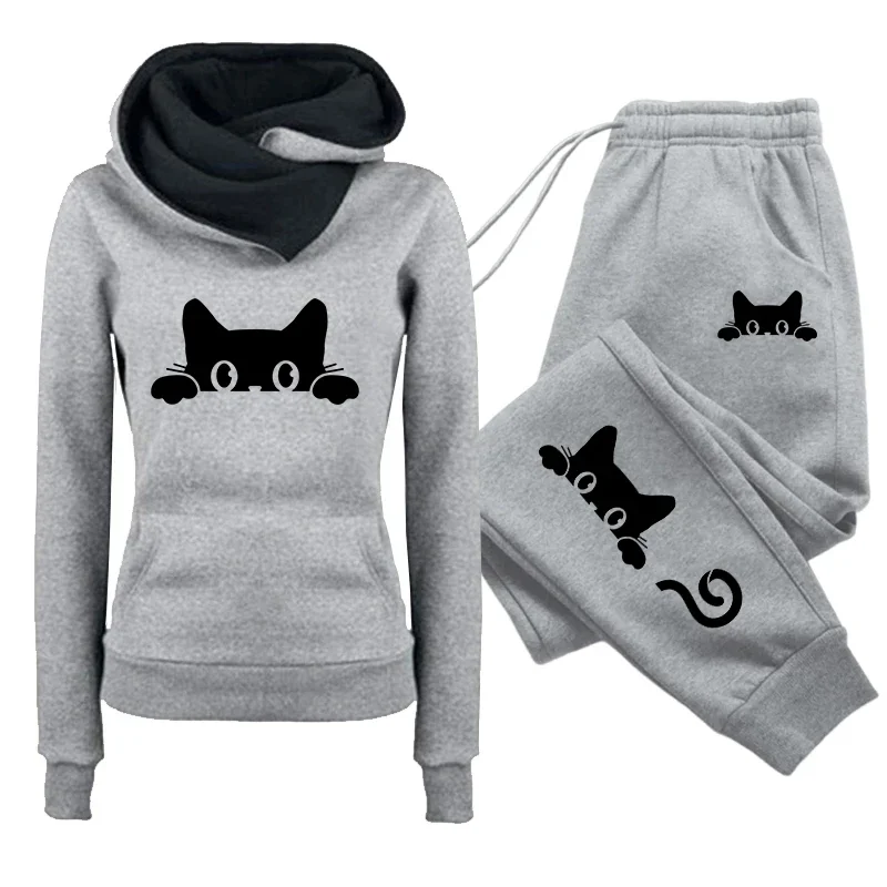 Autumn Winter Female Daily Casual Sports Outfit Women's Set/Hoodie/Pants 2026 Cat Print Tracksuit Hooded Sweatshirt Sweatpants