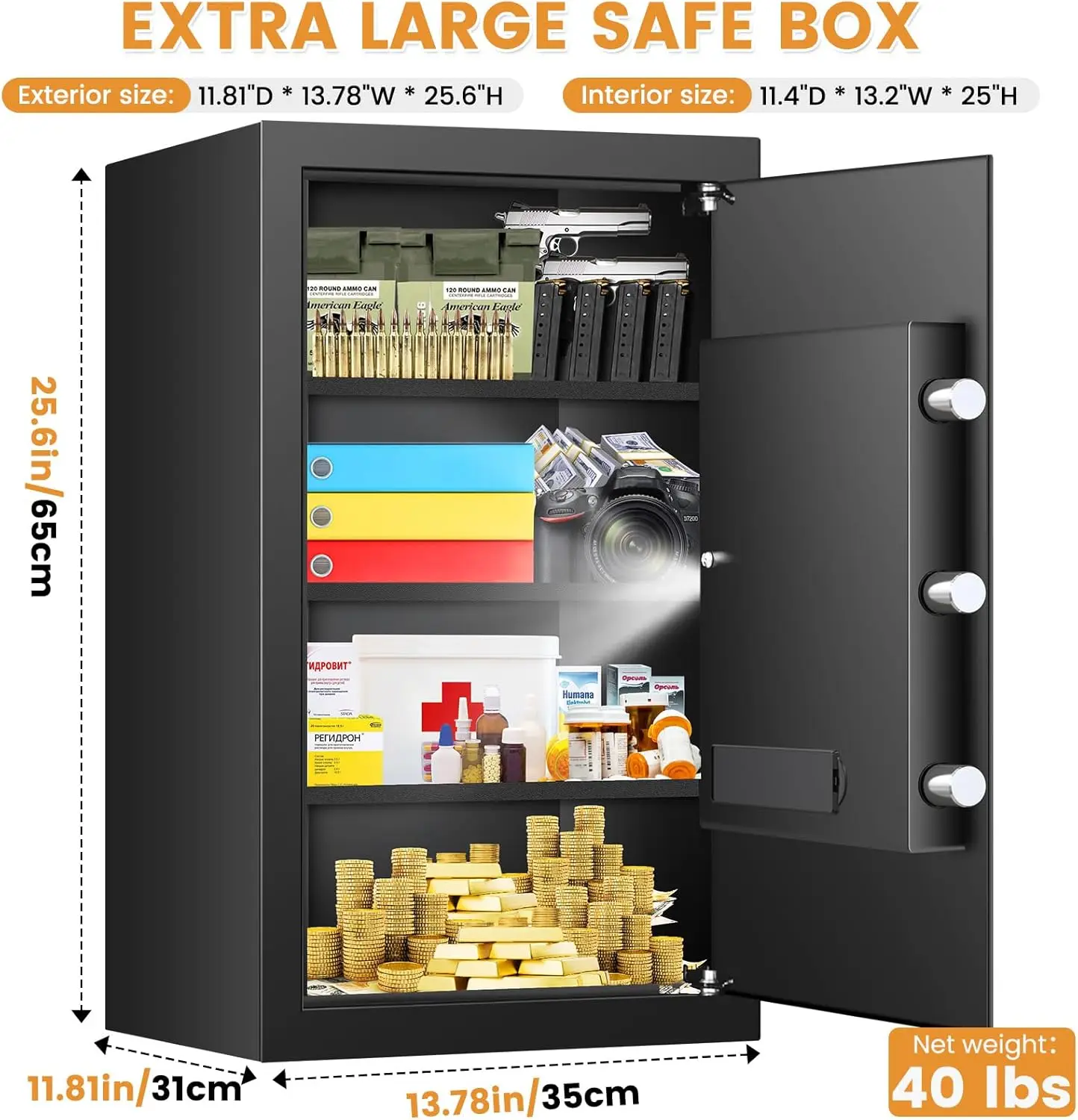 6.0 Cuft Large Fireproof Safe, Home Safes Water and Fireproof, Digital Security Safe Box With Backup Keys, 3 Removable Shelves,