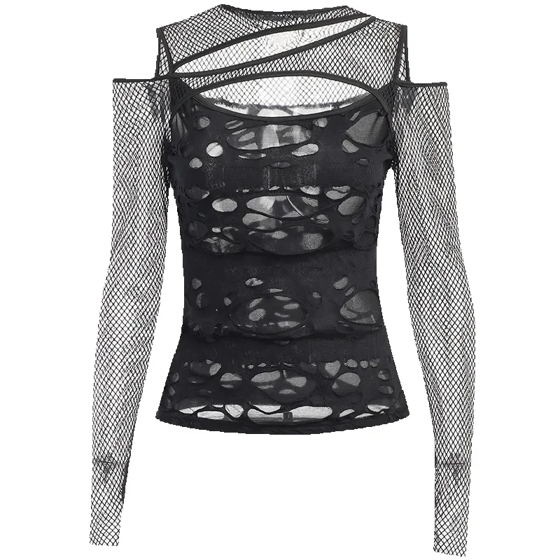 Gótico malha buraco manga longa camisetas femininas mock neck fino ajuste fishnet sheer blusa y2k cortar rave topos ver através do topo