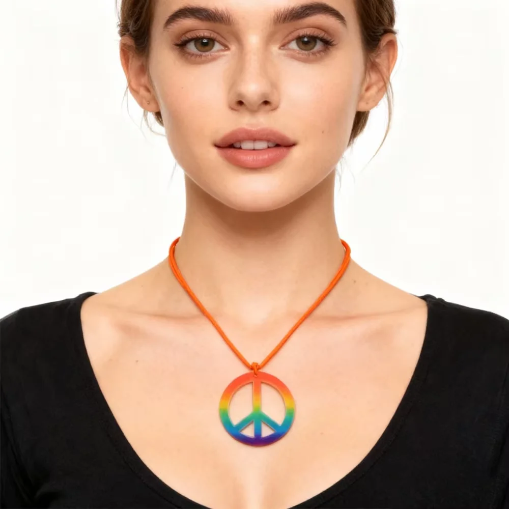PESENAR 1960s estilo arco-íris sinal de paz colar em cordão laranja para retrô vintage hippie fantasia acessório de festa