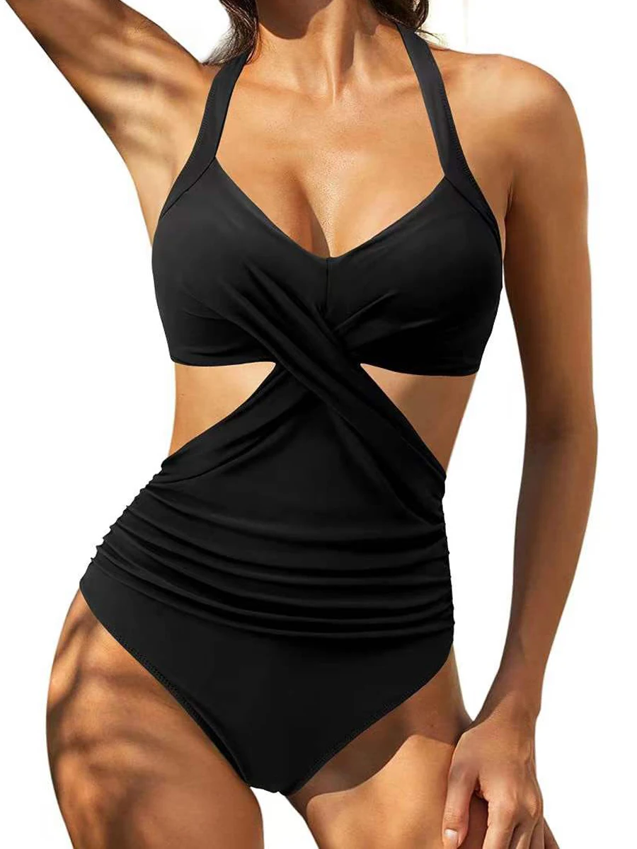 2025 Solid Printed Swimwear Women Halter One Piece Swimsuit Female Swimming Monokini Suit Padded Beachwear Bodysuit Summer image 3