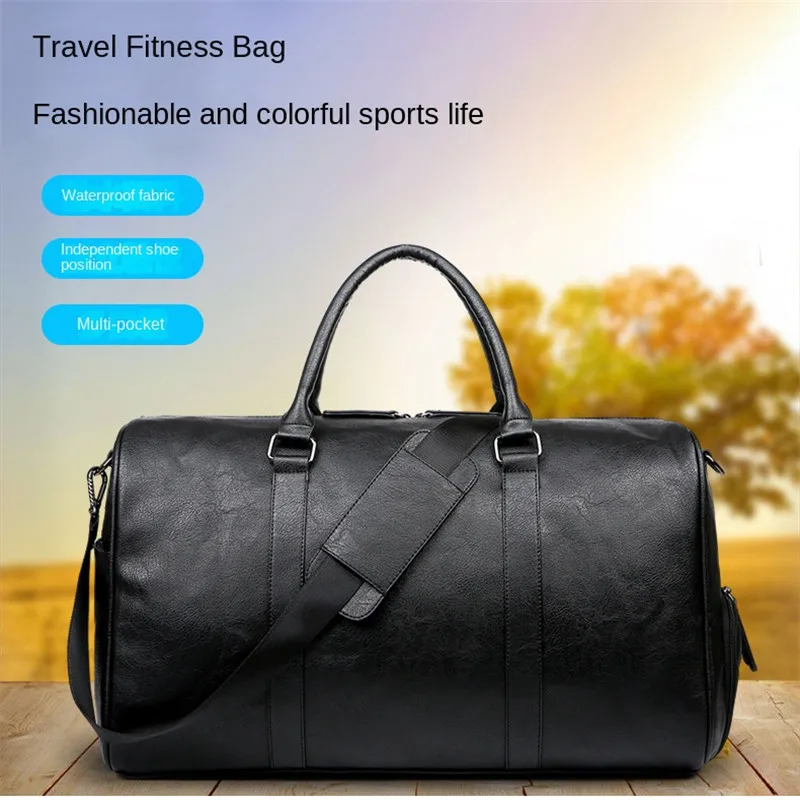 Black Travel bag Men's handbag large capacity business travel bag leather short luggage bag casual leather fitness bag