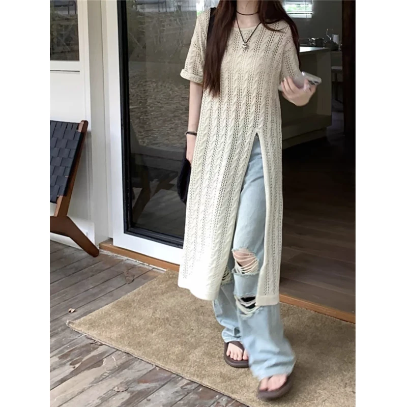 Sheer Knitted Dress Women Summer Hollow Out Slim Slit Beach Long Dress