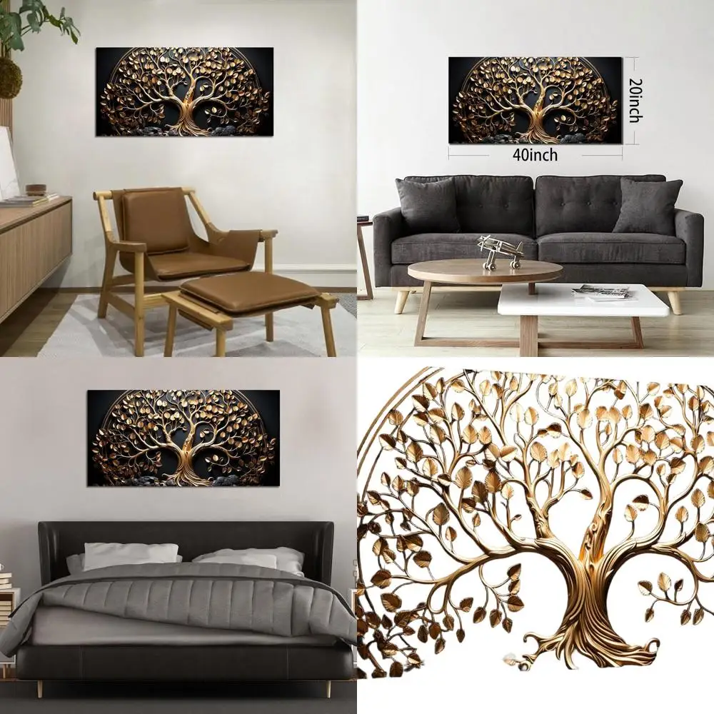 

20x40 Modern Tree Canvas Art — элегантный черный и золотой настенный декор для гостиной и офиса
