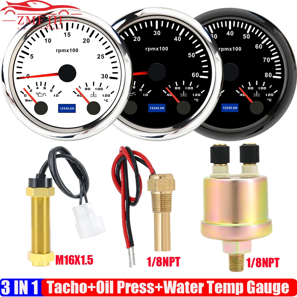 

ZMFJH 3000 ~ 8000 об/мин, 85 мм, тахометр + давление масла + датчик температуры воды с датчиком, 7 цветов, мультиметр, 0 ~ 10 бар для автомобиля, лодки, 9-32 В