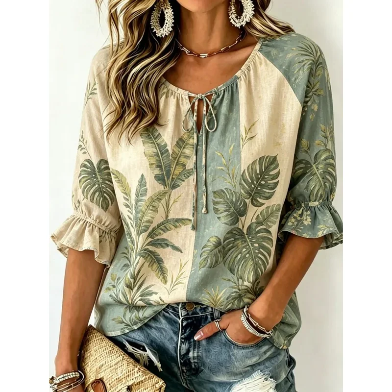 Women's Tie Keyhole Neck Blouse, Beige Sage Color Block Tropical Banana Leaf Print, Loose Fit for Spring Summer Daily Outfits