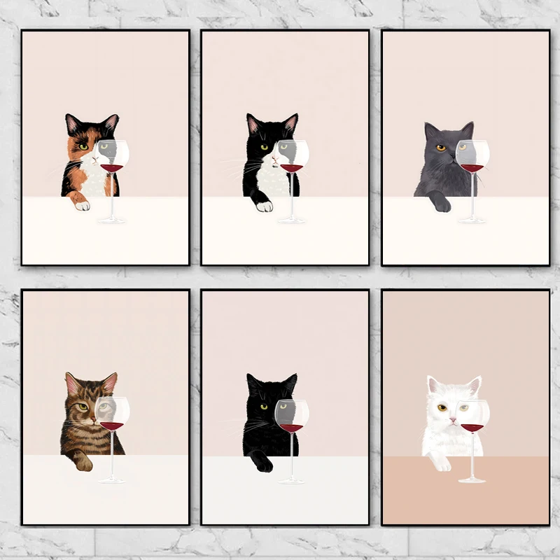 لوحة قماشية مضحكة للقطط بالأبيض والأسود ، ملصق ومطبوعات للنبيذ الأحمر ، فن جداري لمحبي القطط ، صور لغرفة المعيشة ، المطبخ ، ديكور المنزل #1