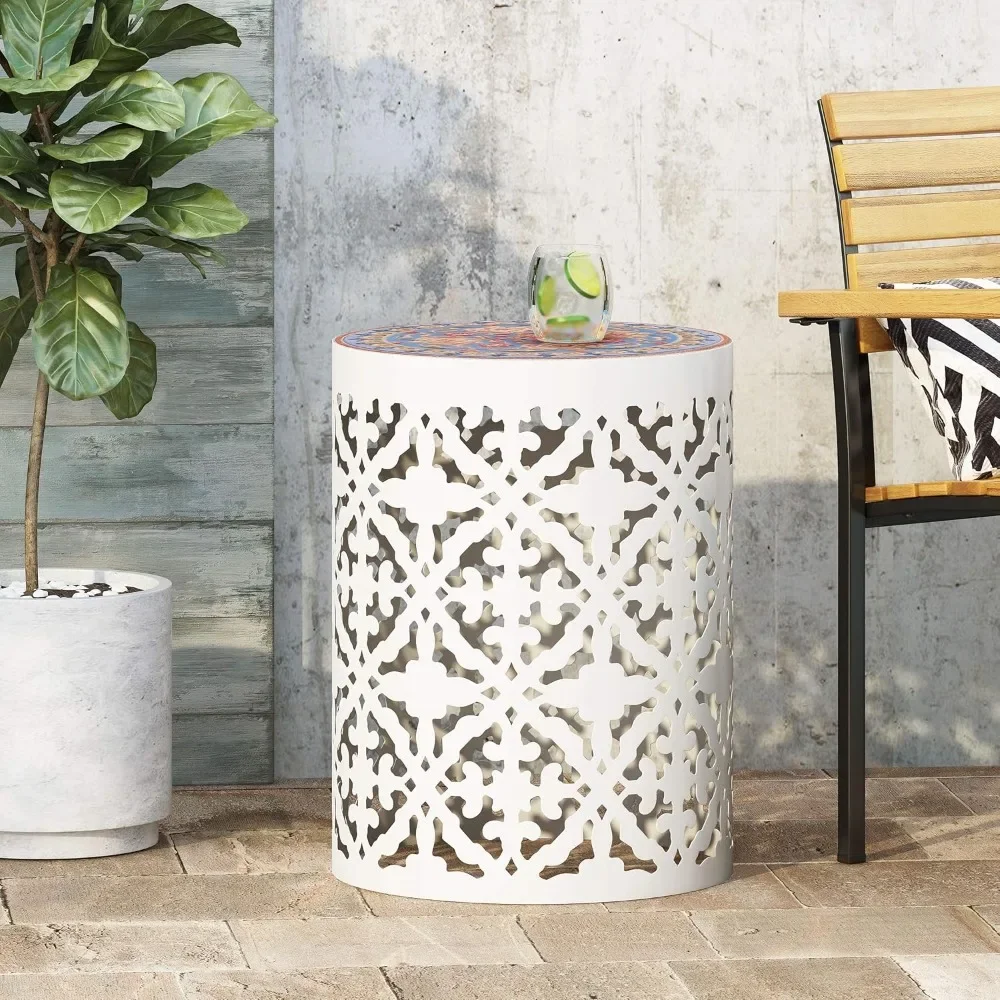 Decorative Garden Stools Knight Home Joshua Outdoor Lace Cut Side Table with Tile Top, White 13.75