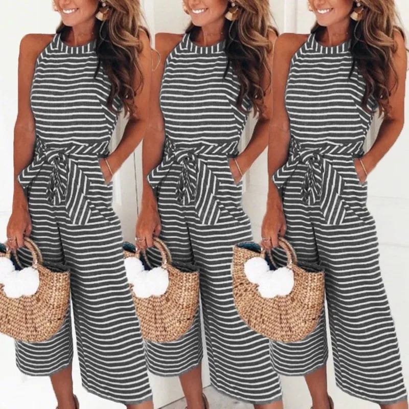 Summer Woman Jumpsuit Sleeveless Cropped Jumpsuits Women's Round Neck Romper Blue Striped Front Pocket Wide Leg Jumpsuit