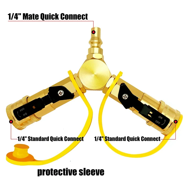 1/4Inch RV Propane Quick Connect Y Splitter Adapter With Shutoff Valve For RV Trailer,Camping Grill 2 Way LP Gas Adapter