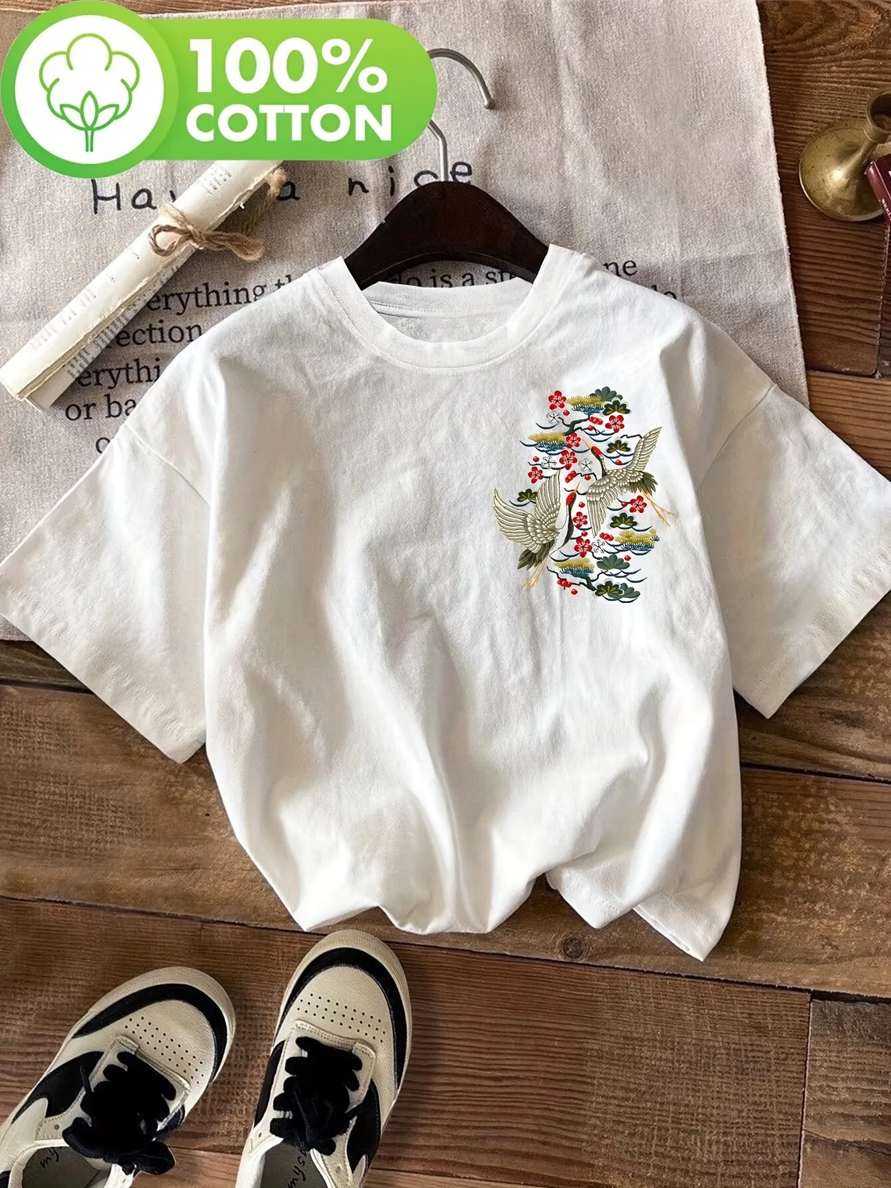 Harajuku Bird Flower Graphic T Shirt 100% Cotton Women Summer Casual Short Sleeve Crew Neck Loose Tee Vintage Bird Top Tee