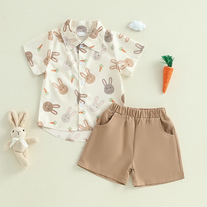 1-5Years Toddler Baby Boy Easter Shorts Set Bunny Carrot Print Short Sleeve Button Shirt with Pockets Shorts Kids Infant Clothes