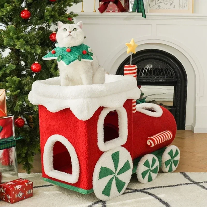 High Quality Christmas Train Pet Toy  Cat Scratching Board Nest Sisal Rope Cat Tower Condo Tree  Cat pet house