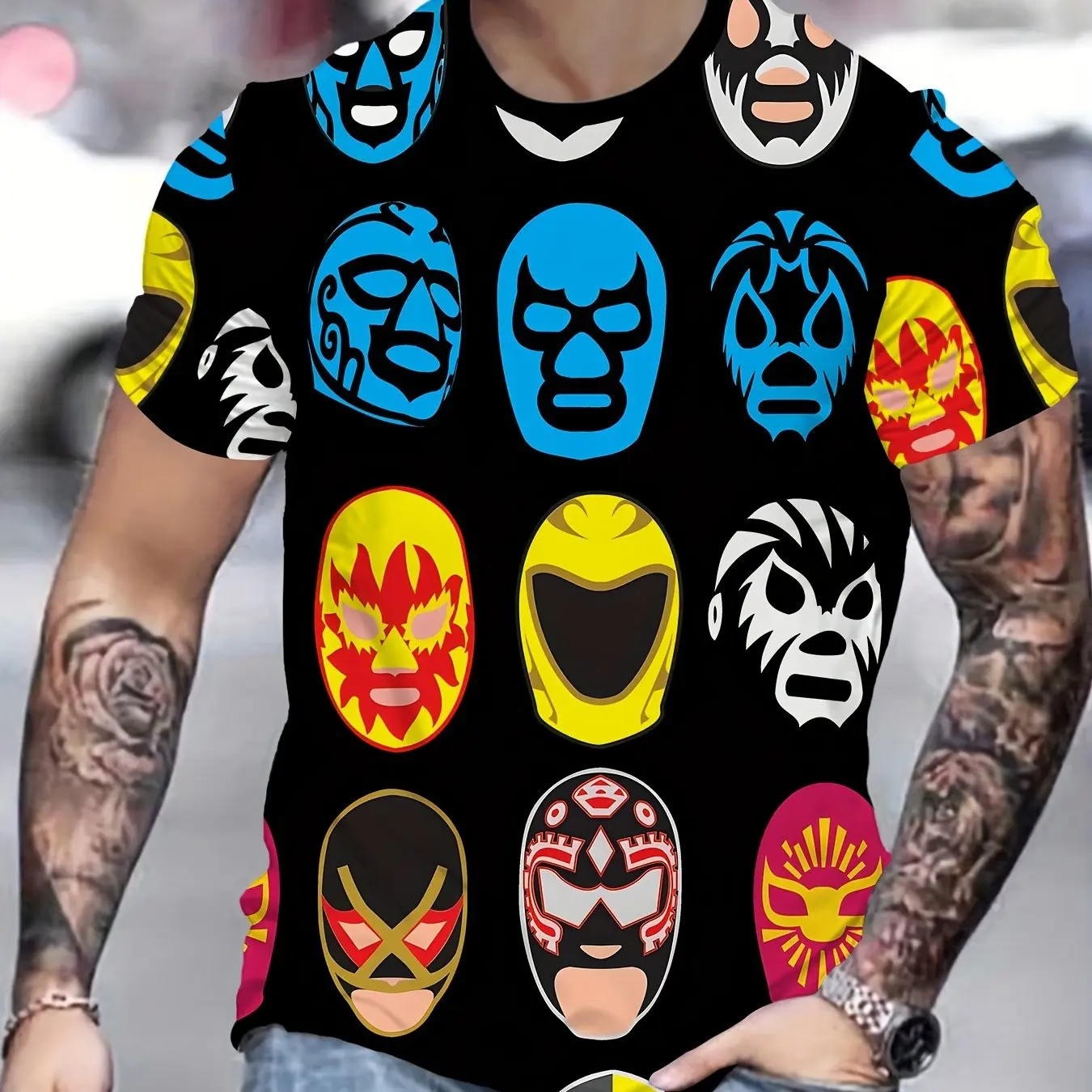 

Men'S 3d Printed Wrestling Mask Fashion T-Shirt - Casual Polyester Knitted Fabric, Round Neck Short Sleeved, Innovative Design