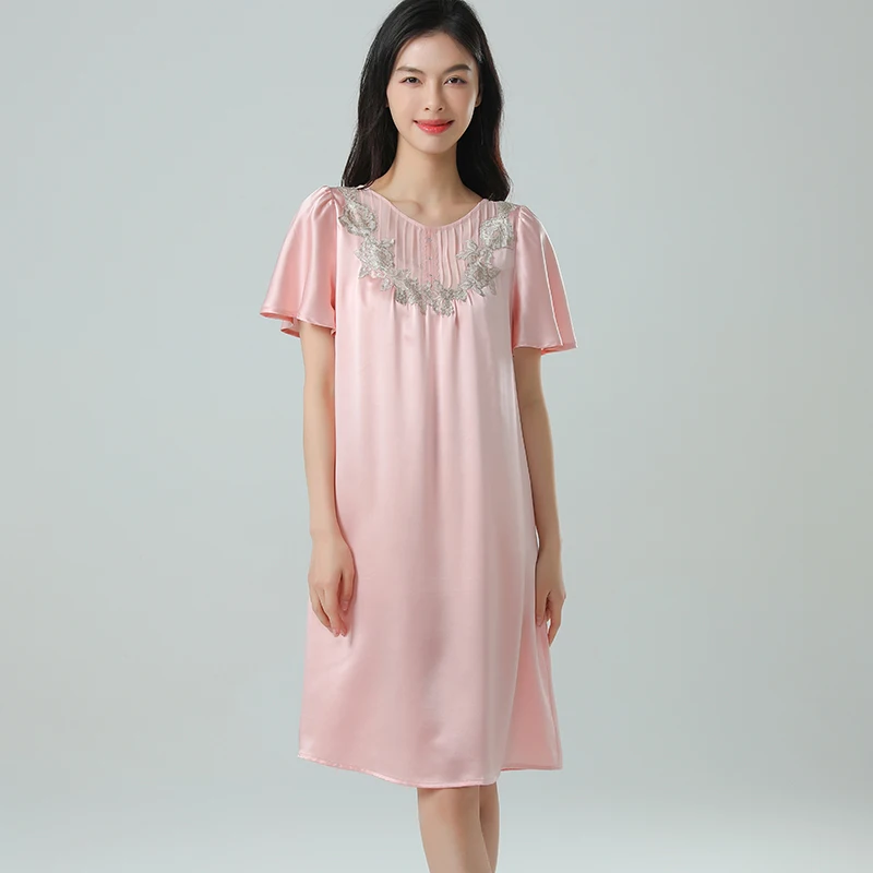 

22 мм шелковая сорочка, ночная рубашка, кружевная ночная рубашка с вышивкой, круглый вырез, 100% шелк тутового шелка, свободное пижамное платье с короткими рукавами PJS