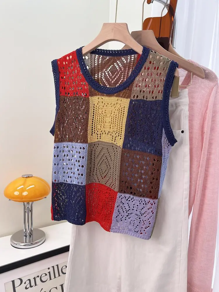 

Новая женская мода, винтажный красный, коричневый лоскутный жилет без рукавов с круглым вырезом, шикарный жилет, топы, весенняя летняя вязаная крючком одежда