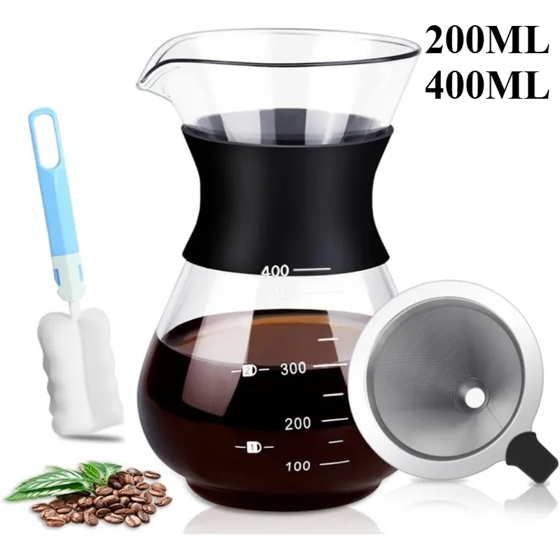 200/400ml Pour Over Coffee Pot Glass Coffee Pot Set Portable Drip Coffee Brewer with Reusable Stainless Steel Filter Home Use