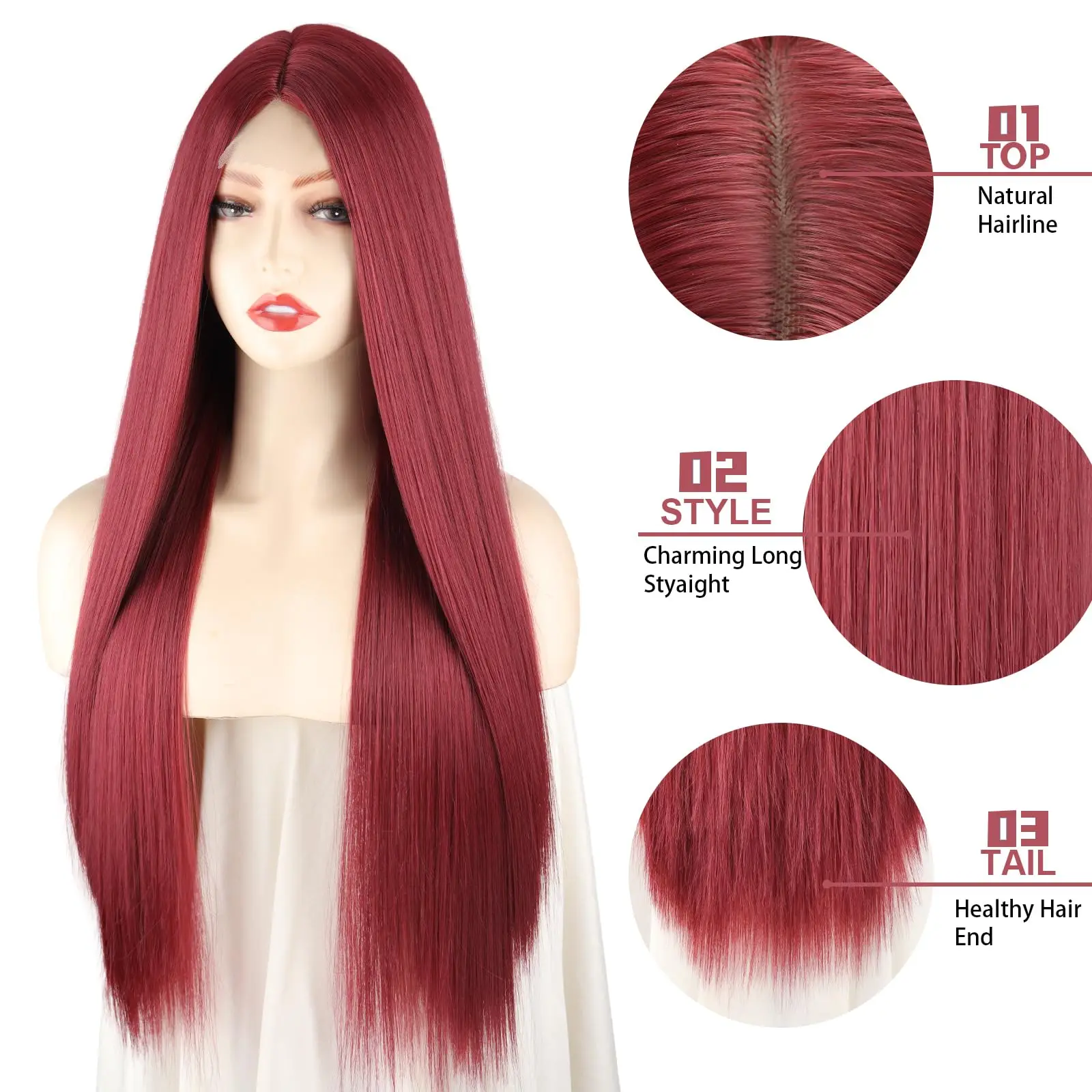 Pelucas de color rojo vino para mujer, peluca sintética larga recta 13*4 con encaje frontal rojo, aspecto natural, 32 pulgadas para Cosplay, fiesta de Navidad