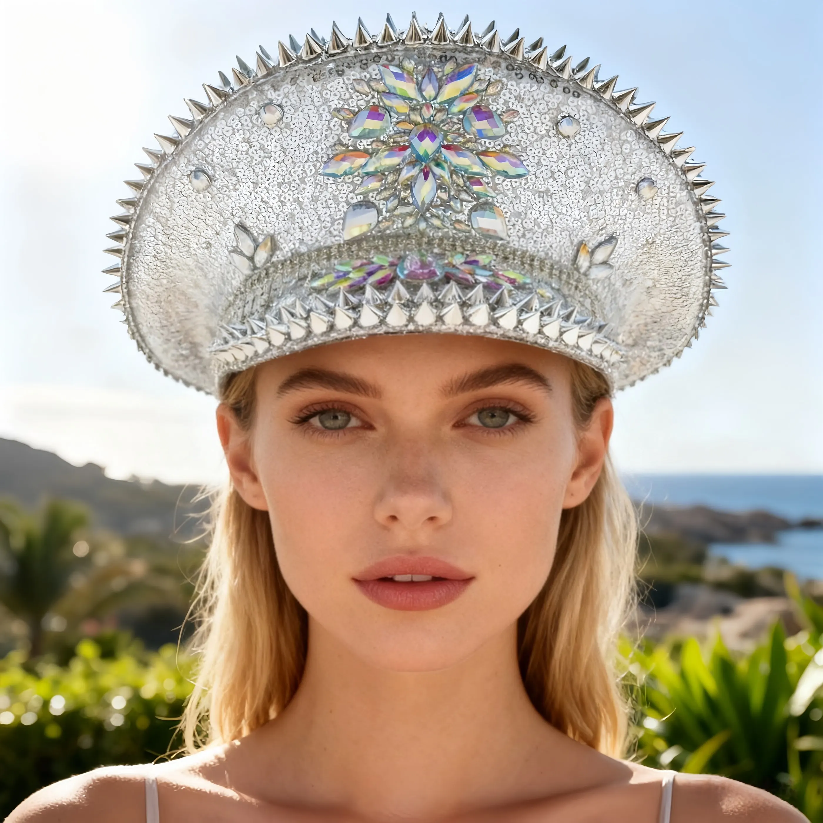 

HongLuan Silvery Tassel Steampunk Captain Hat Rhinestone for Burning Man Festival Woman, Military Accessories & Military Cap Man