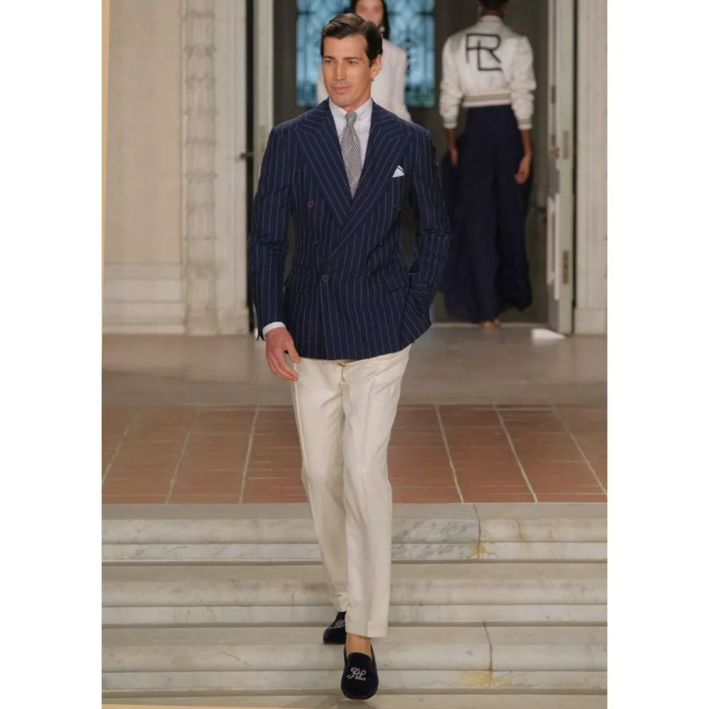 

Navy Formal Occasion Peak Lapel High Quality Double Breasted 2 Pieces Jacket Pant Business Special Male Clothing Grid Stylish