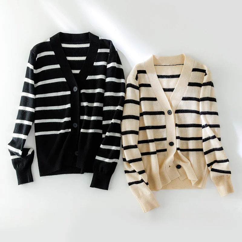 2023 New Women Stripe Cardigans  Autumn And Winter 100% Pure Cashmere Knitted V-Neck Female High Quality Standard Clothing