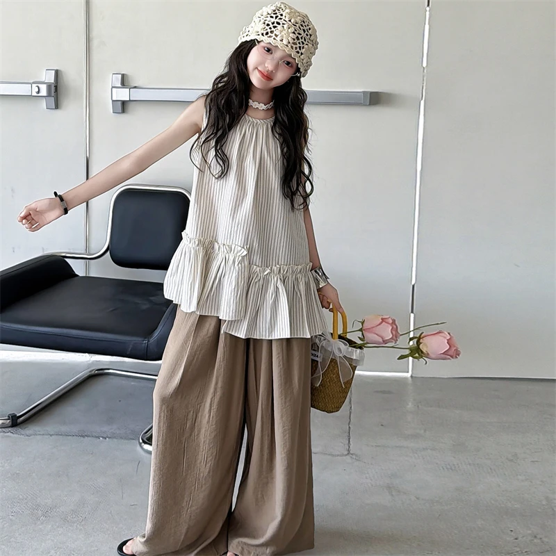 Children Clothes Girl Summer Striped Ruffle Hem Sleeveless Top And Wide Leg Pants 2026 Loose Breathable Comfortable