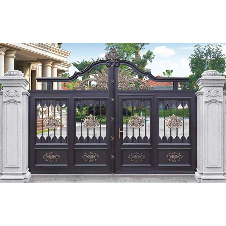 Painéis duplos Swing Style Driveway Gates, Portões Automáticos, Ferro, Alumínio, Decorativos, para Villa