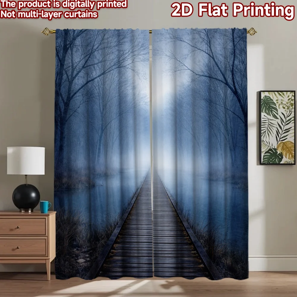 2D flat printing 2pcs Curtain Scene Curtains Misty Forest Bridge Digital Printed Polyester Drapes Holiday Decorations for Home